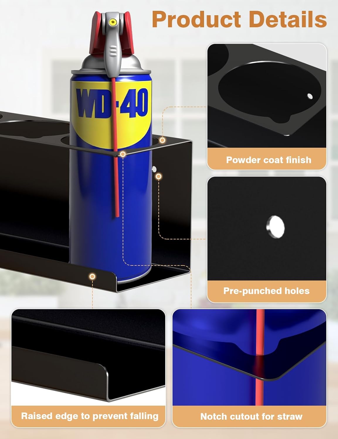 6 Pack Spray Can Holder Organizer, Wall-Mounted Steel Spray Bottle Rack, Tool Box Storage Rack, 5 Cans Metal Paint Can Organizer for Garage, Workspace, Shop, Home or Tool Trailer, Black