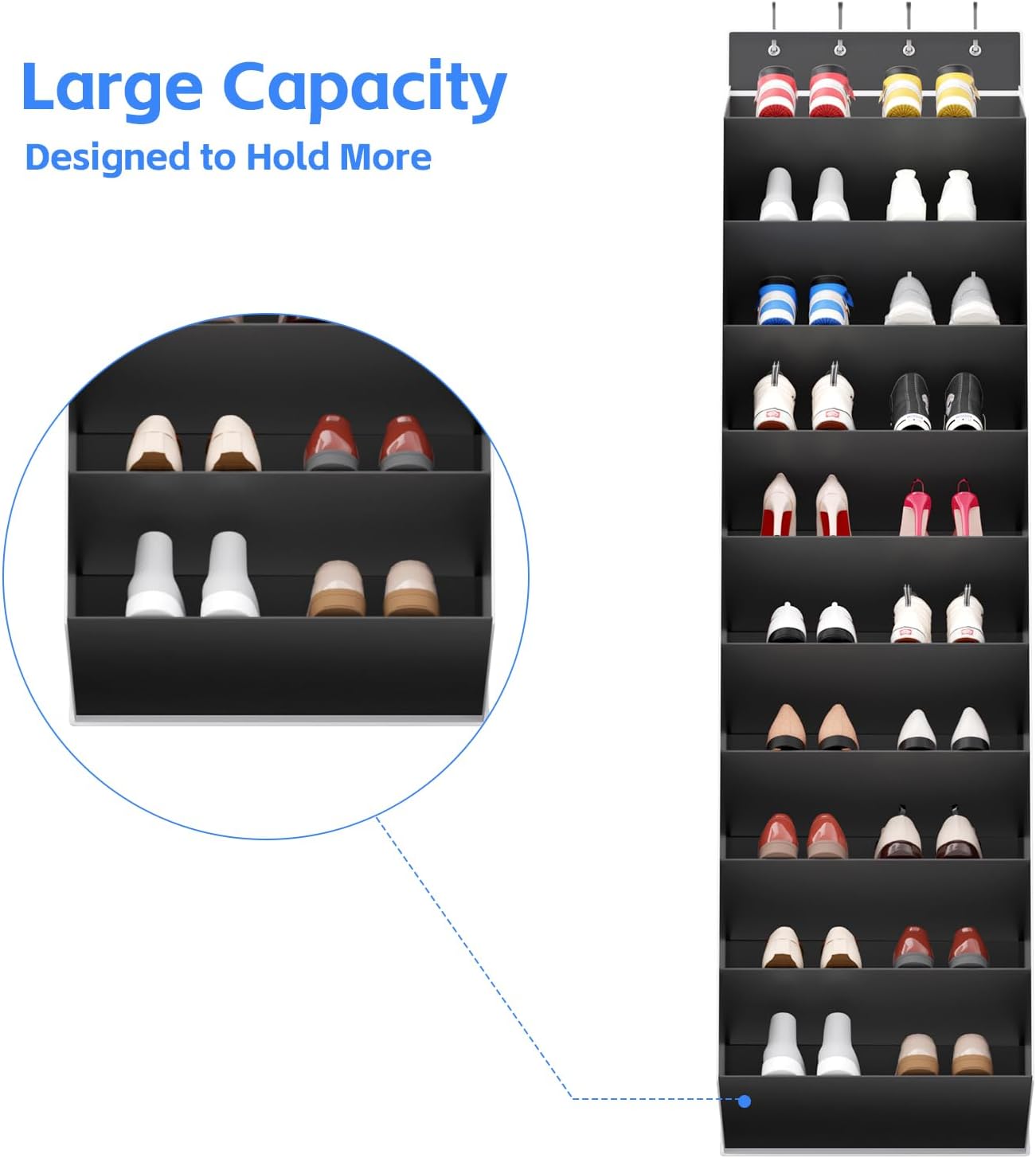 REGELETO 10 Tiers Large Size Over the Door Shoe Organizer Storage, Hanging Shoe Rack for Door with Deep Pockets, Fit 20 Pairs Shoe Organizer Holder for Sneakers and Boots (Black)