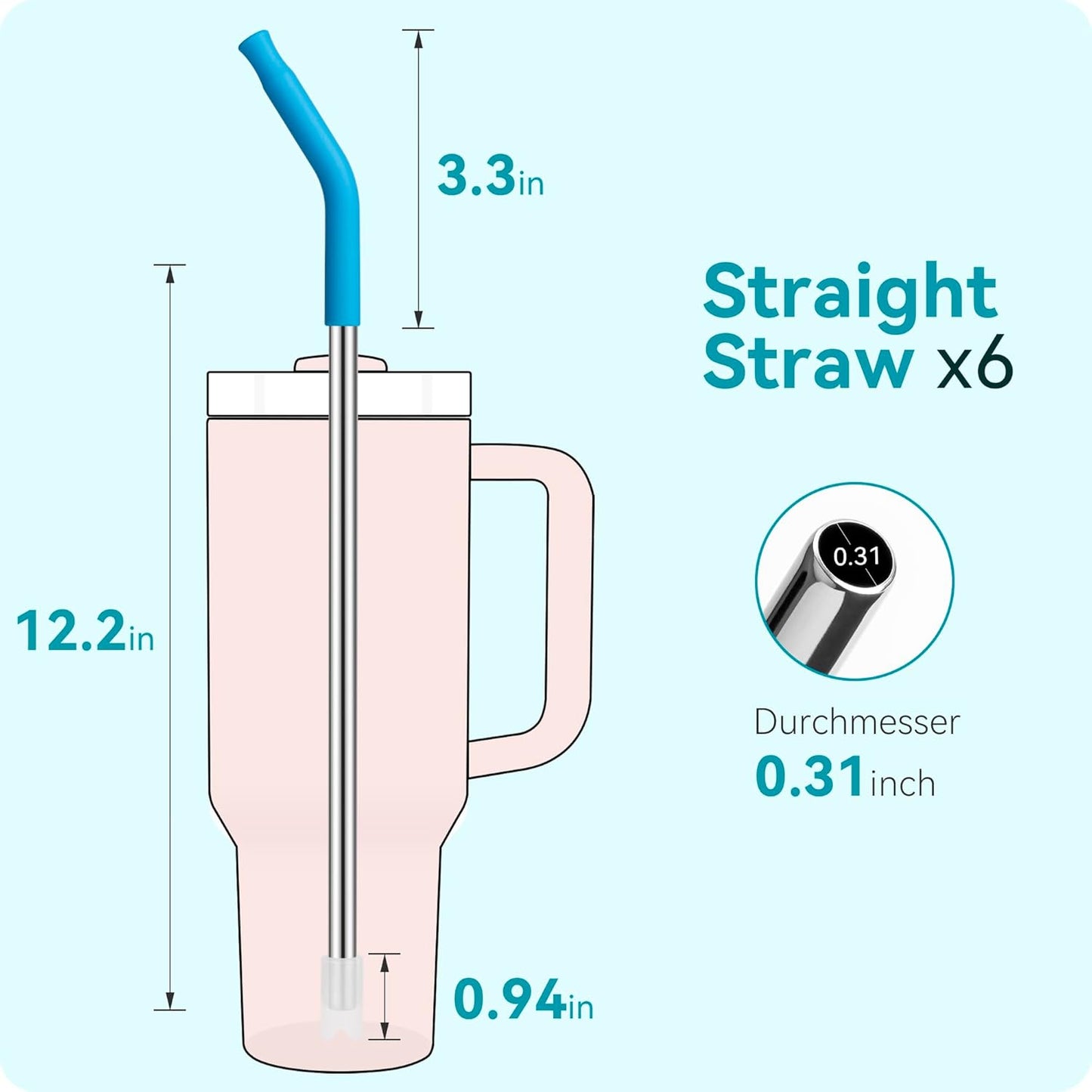 40 oz Straight Metal Straws for 40 oz Stanley Tumbler, 6Pcs Stainless Steel Reusable Drinking Metal Straw with Colourful Silicone Tips,Straw for Glass Cups, BPA FREE