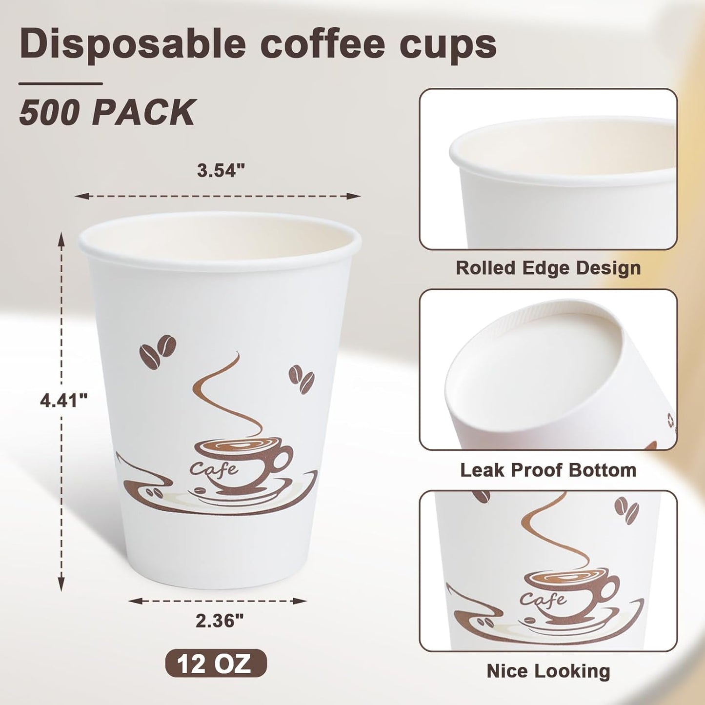 Lamosi 500 Pack 12 OZ Coffee Cups, Disposable Paper Cups for Hot/Cold Beverage, Leak-Free Paper Coffee Cups no Lids for Cafe, Restaurant, Office and Home