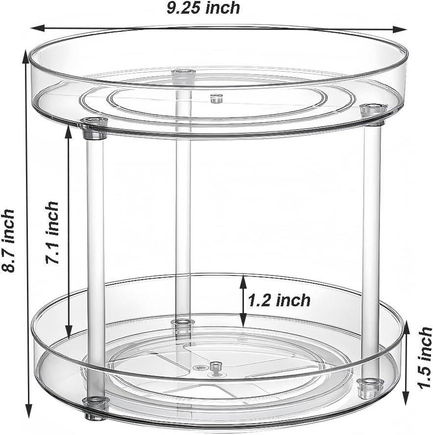2 Tier 9.25Inch Clear Lazy Susan Organizer for Fridge and Cabinet, 360°Rotating Makeup Organizer, Cosmetic Display Cases, Under Sink Turntable Organizer for Kitchen Bathroom Dorm