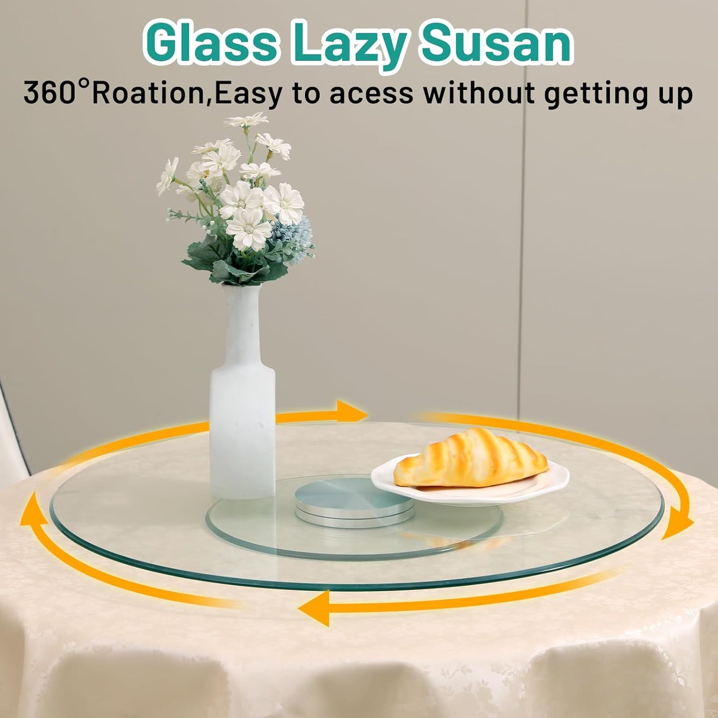 36-Inch Lazy Susan Turntable for Dining Table, Tempered Glass, 360° Rotation, Anti-Tip Design with 6 Rotating Wheels, Perfect for Parties, Weddings, and Family Dinners (36 inch)