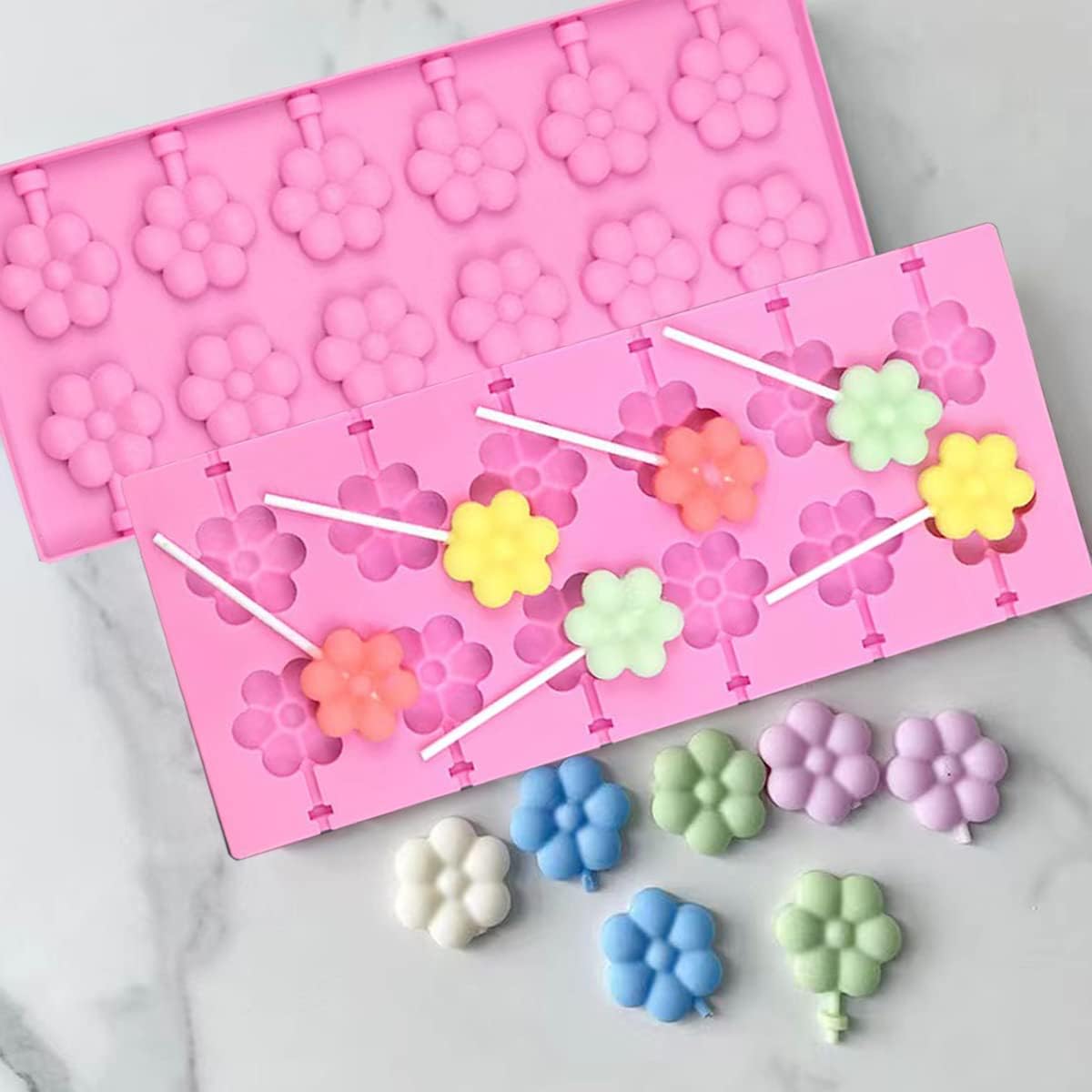 12 Capacity Silicone Lollipop Mold Set, Sucker Molds and Chocolate Hard Candy Mold with 50pcs Lollipop Sucker Sticks, Candy Treat Bags, Gold Ties. (Flower)