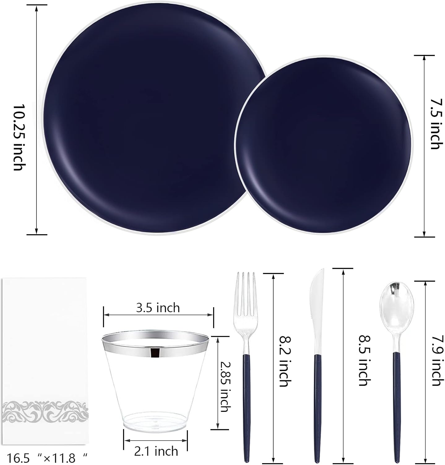 KIRE 175Pcs Blue Plastic Plates with Silver Rim & Disposable Silverware with Blue Handle & Silver-rim Cups & Hand Napkin & Plastic Dinnerware for Parties/Wedding