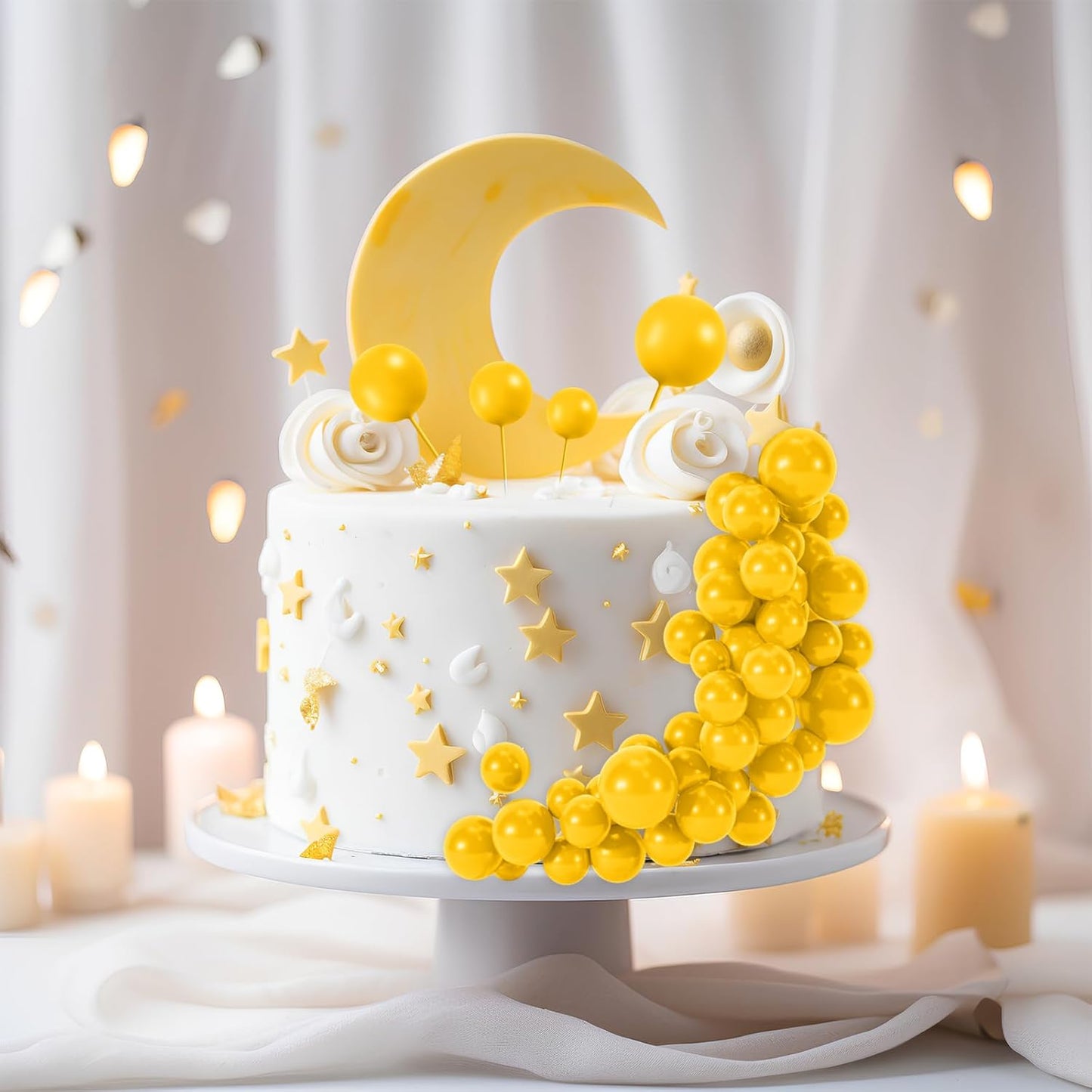 48 Pcs Yellow Cake Topper Decorations - Balloon Cupcake Toppers Foam Cake Balls for Birthday Party, Wedding Anniversary Cake Decorating