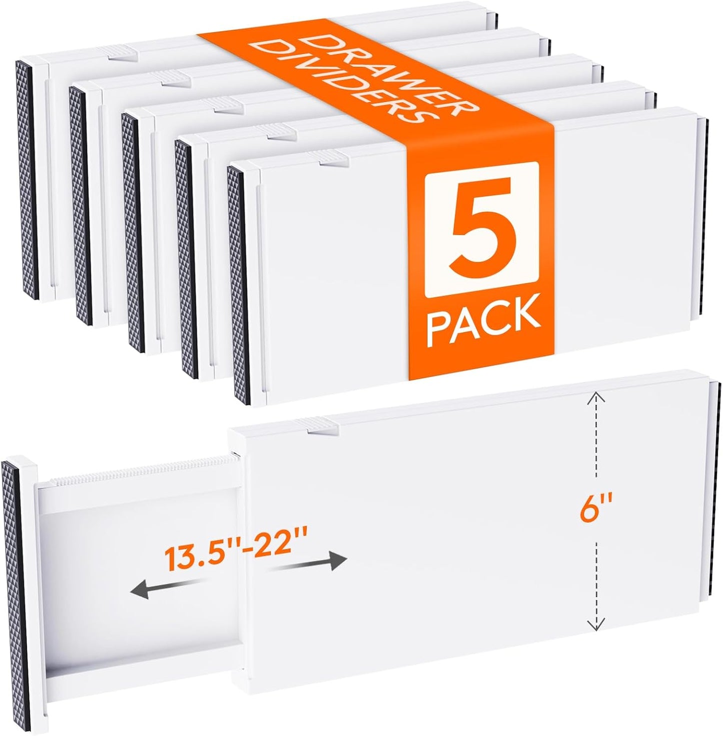 Lifewit 5 Pack Drawer Dividers Plastic 6" High, 13.5-22" Adjustable Drawer Organizers for Clothes, Expandable Dresser Separators in Bedroom/Bathroom/Kitchen/Fridge/Office Organization and Storage