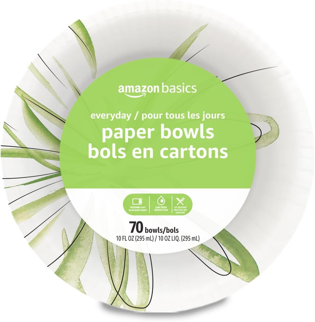 Amazon Basics Everyday Paper Bowls, 10 Oz, Disposable, 70 Count, White