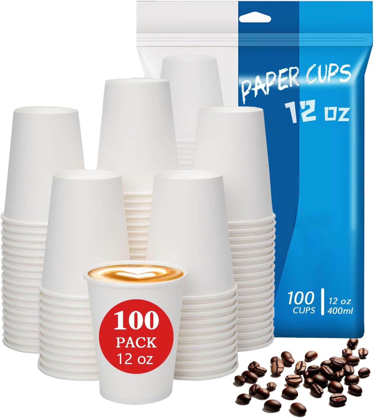 100 count 12 oz Coffee Cups, Leak-Proof Paper Cups 12 oz, Sturdy White Disposable Paper Coffee Cups for Cold and Hot Drinks