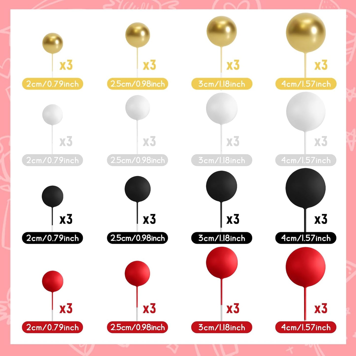 48 Pcs Balls Cake Topper Decorations Balloon Cupcake Toppers Foam Cake Topper Balls Cake Balls Decorations for Birthday Party Wedding Cake Decorating (Black, Red, White, Gold)