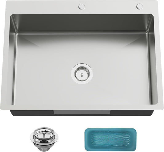 30x22 Inch Stainless Steel Kitchen Sink - Drop In Modern Single Bowl Topmount Kitchen Sink With Silicon Mat,Drain Strainer Set Offering Large Basin And Compatibility With Various Kitchen&Bar Style