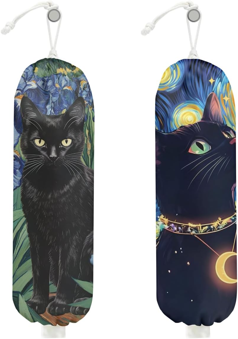 2 Pcs Cat Plastic Bag Holder, Wall Mount Plastic Bag Holders for Grocery Bags, Starry Night Cute Cats Washable Grocery Bags Storage Dispenser for Home Kitchen Decor, Cat Lover Gifts for Women