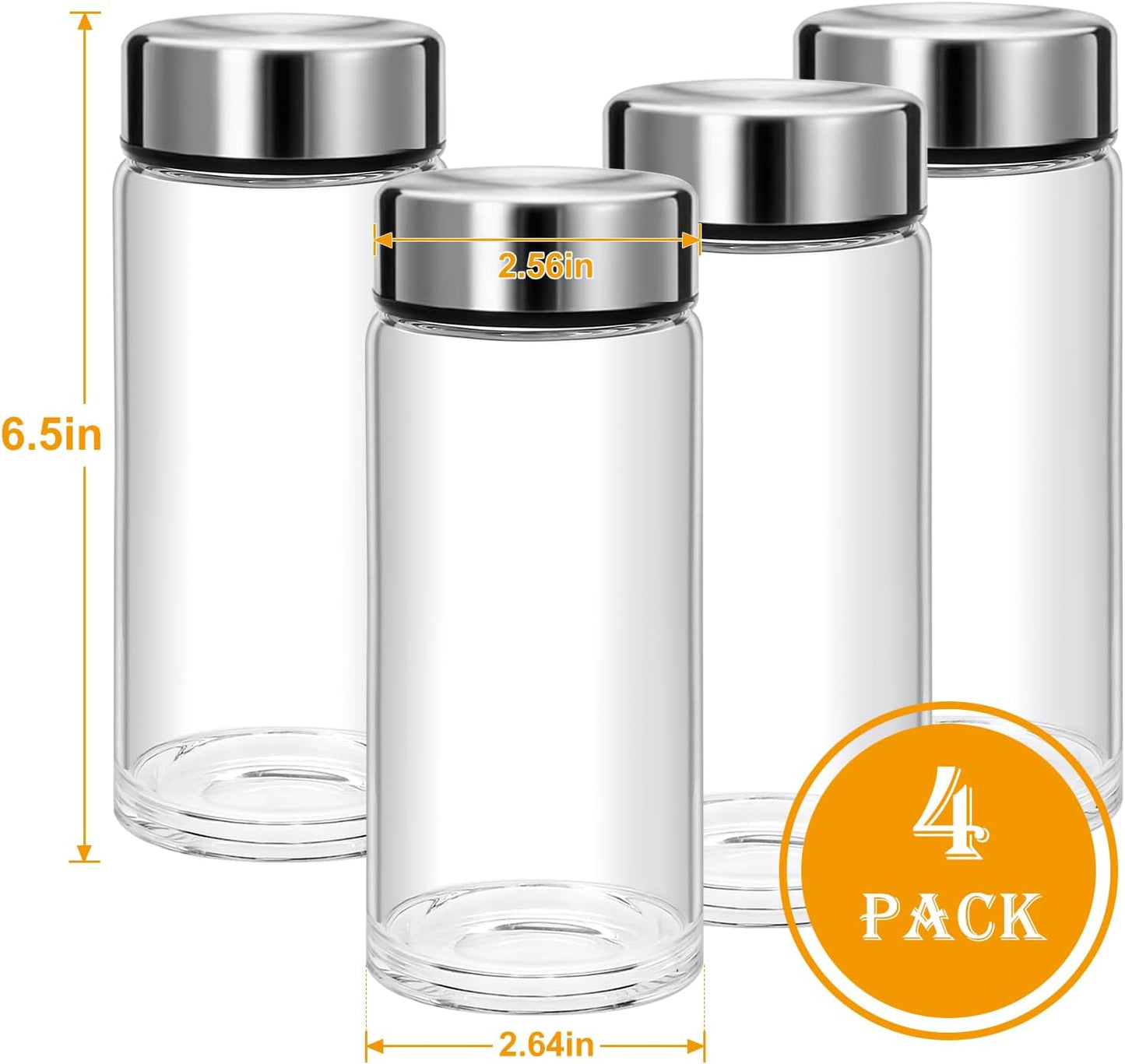4 Pack Juice Bottles with Lids,12oz Wide Mouth Glass Bottles with Stainless Steel Cap,Reusable Glass Water Bottle for Juicing, Smoothies, Infused Water,Beverage Storage,BPA Free,Leakproof
