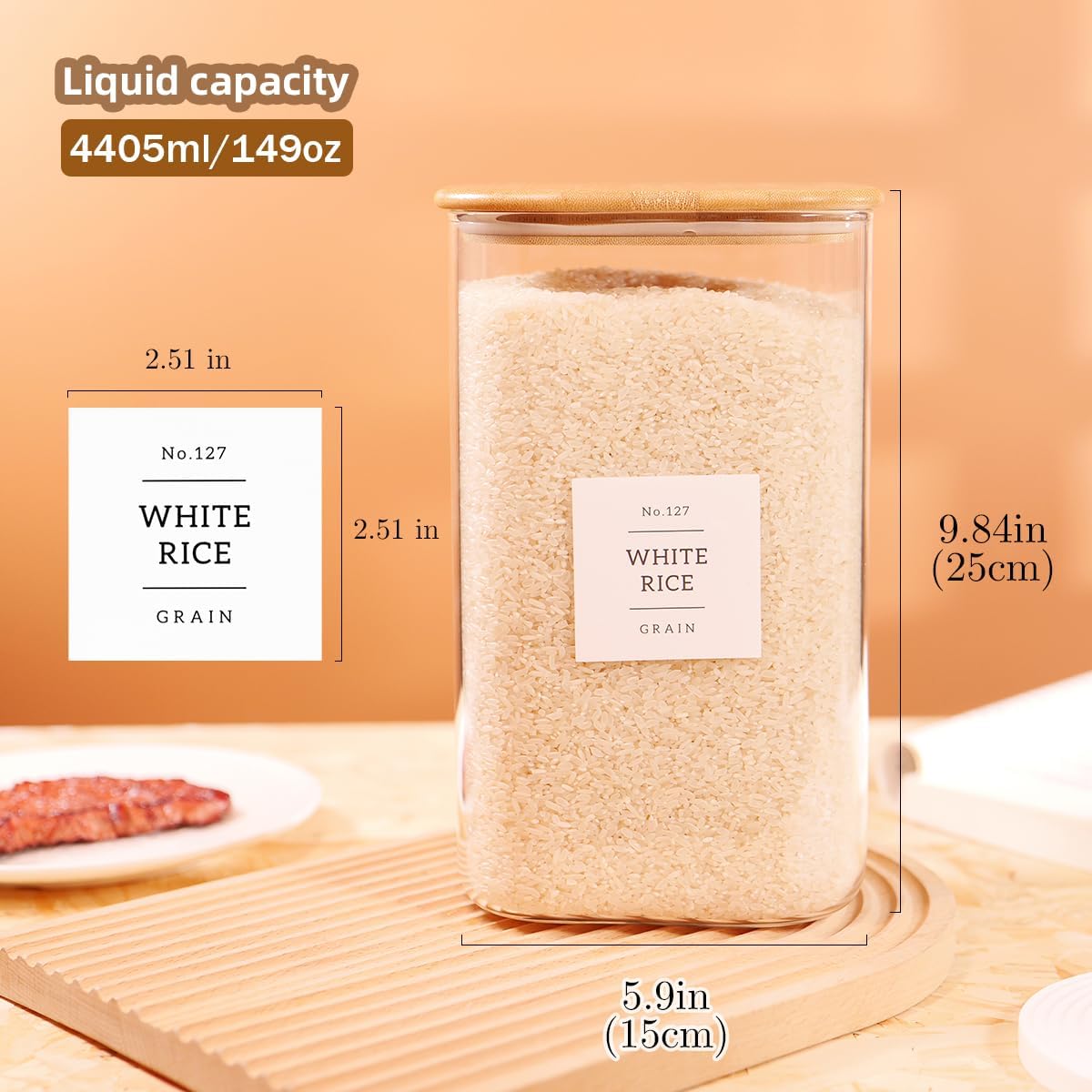 2 Pack Square Glass Flour and Sugar Containers with 132 Kitchen Pantry Labels - Thicken 149 FL OZ Large Glass Storage Jars with Airtight Bamboo Lid - Big Food Canisters for Rice, Pasta, Cookie