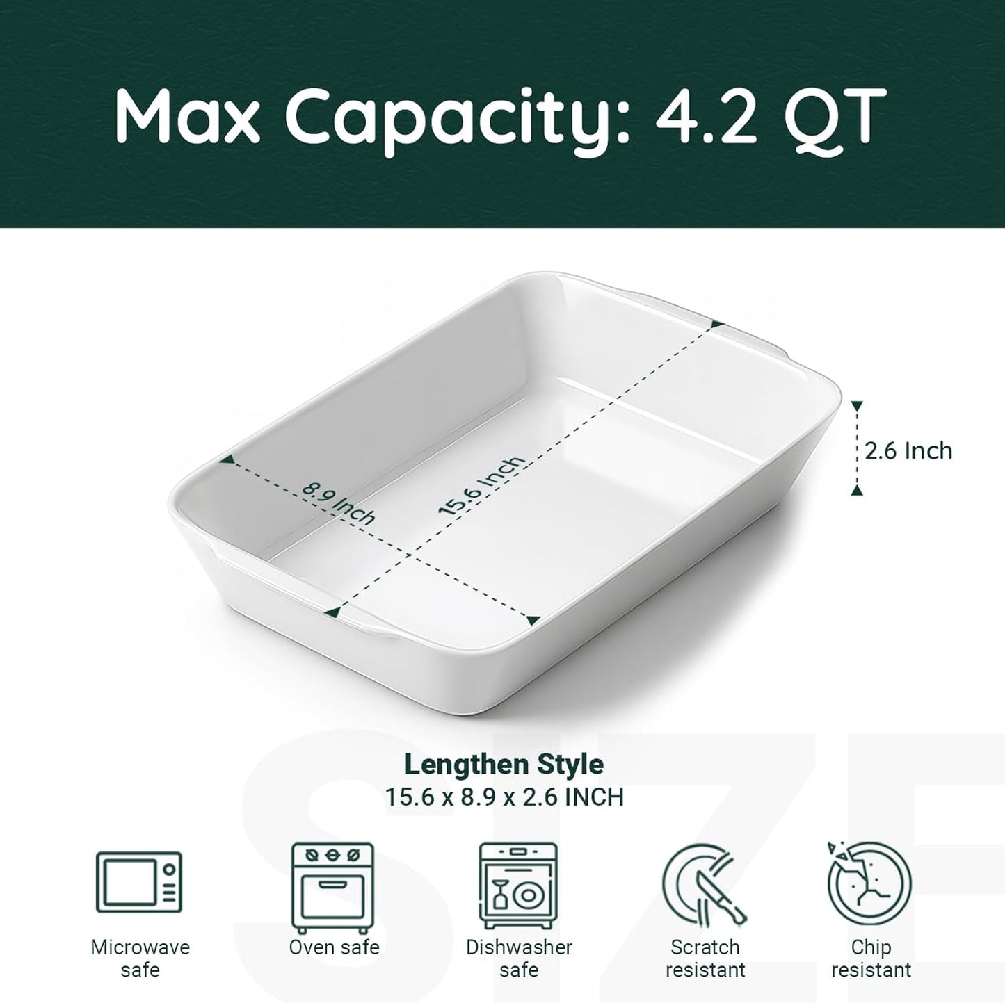 4.2 QT White Casserole Dishes for Oven, Baking dishes with Roasting Racks, Rectangular Lasagna Pan with Handles for Baking, Ceramic Baking Pan, Microwave Oven Safe