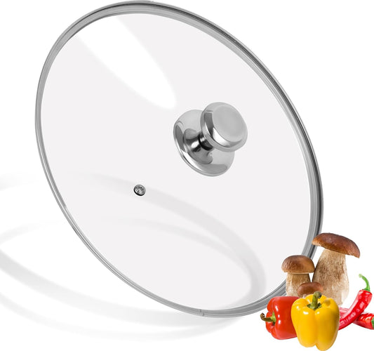 12 inch Tempered Glass Lid for Pots, Frying Pans and Skillets, Replacement Cover with Stainless Steel Knob Handle, Dishwasher Safe