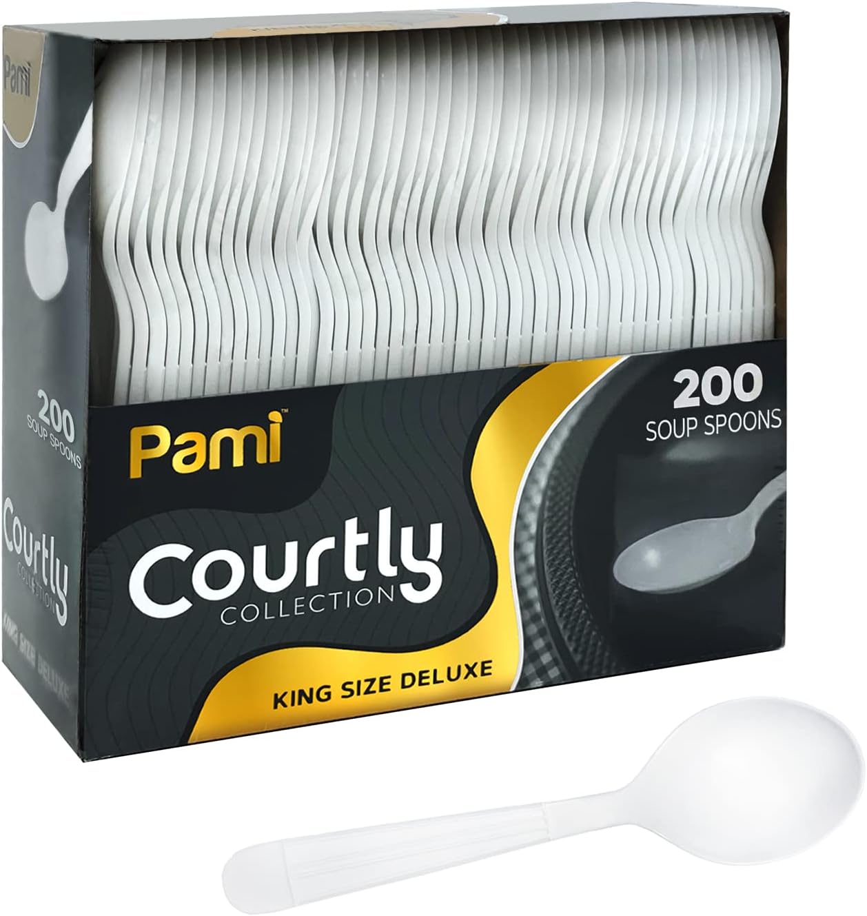 PAMI Heavy Weight Disposable Plastic Soup Spoons [200-Pack] - Bulk King Size Deluxe White Plastic Silverware For Parties, Weddings, Catering Food Stands, Takeaway- Heavy-Duty Single-Use Partyware
