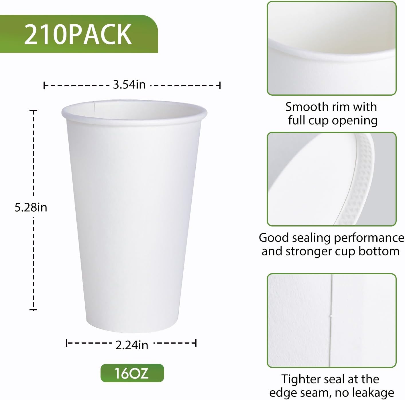 LITOPAK 210 Pack 16 oz Disposable Paper Coffee Cup, Hot/Cold Beverage Drinking Cups for Water, White Paper Hot Coffee Cups, Suitable for Party, Picnic, Travel, and Events