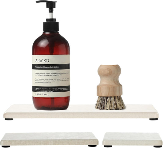 3PCS Bathroom Sink Vanity Trays, Quick Stone Drying Mat Dish Soap Dispenser Sponge Holder for Kitchen Counter, Diatomaceous Earth Water Absorbing Caddy Organizer, Beige