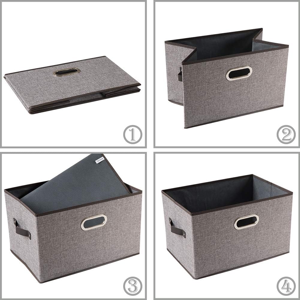 PRANDOM Larger Collapsible Storage Bins for Closet [5-Pack] Decorative Linen Fabric Storage Baskets Cubes with Leather/Metal Handles for Living Room Grey (17.3x12.2x10.4 Inch)