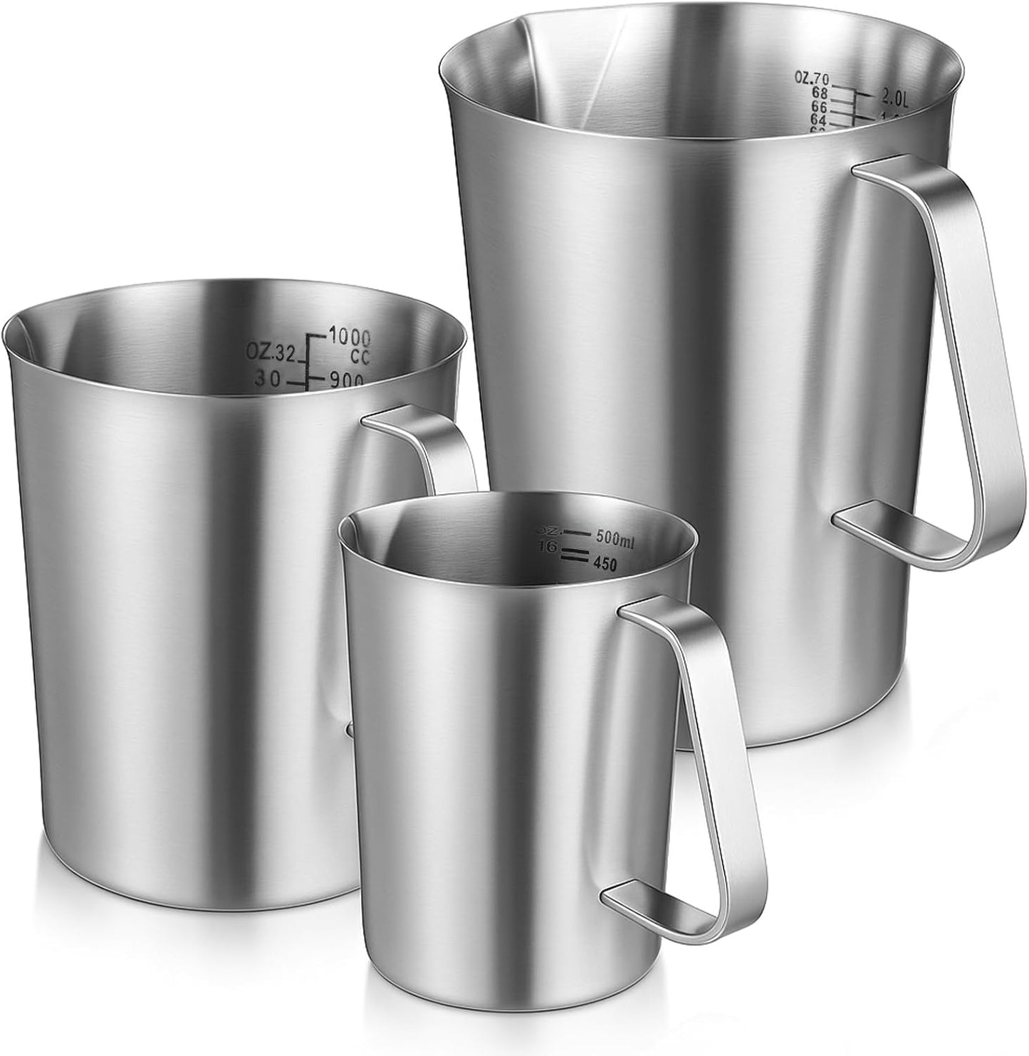 3 Pieces Stainless Steel Measuring Cups Metal Pitcher with Oz and ML marking Measuring Cup with Handle and Pour Lip, 16 Ounce (2 Cups), 32 Ounces (4 Cup), 64 Ounces (8 Cup)