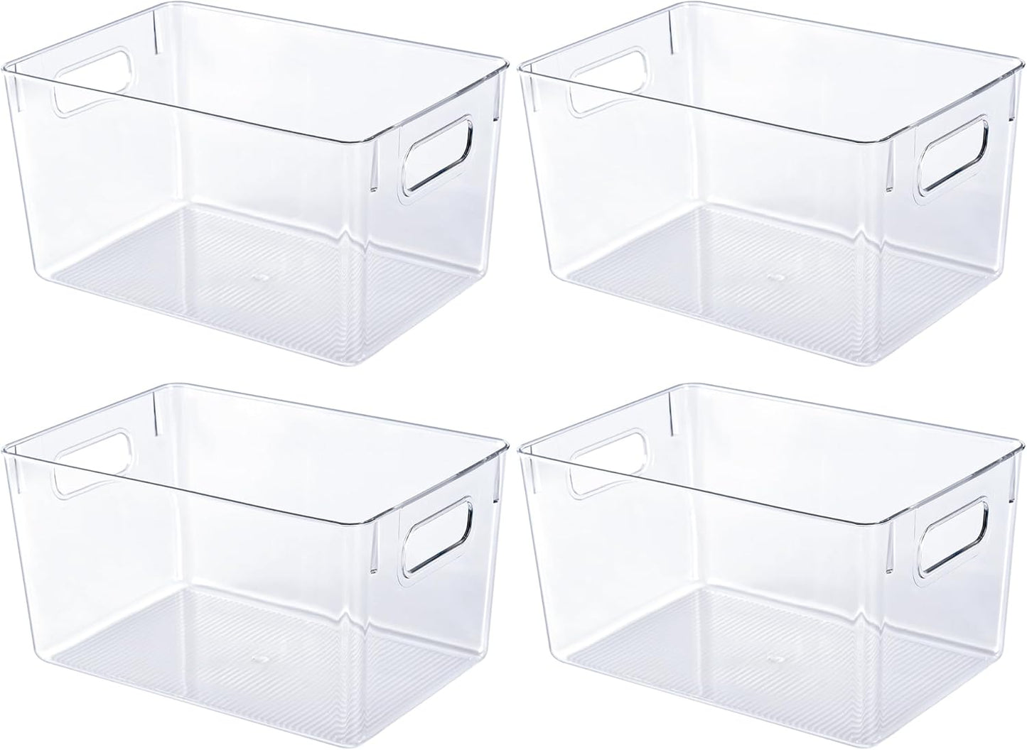 JollyPack 4 Pack Clear Plastic Storage Bins, Pantry Organizers and Storage with Handles, Clear Storage Containers for Fridge, Kitchen, Cabinet, Bathroom and Office
