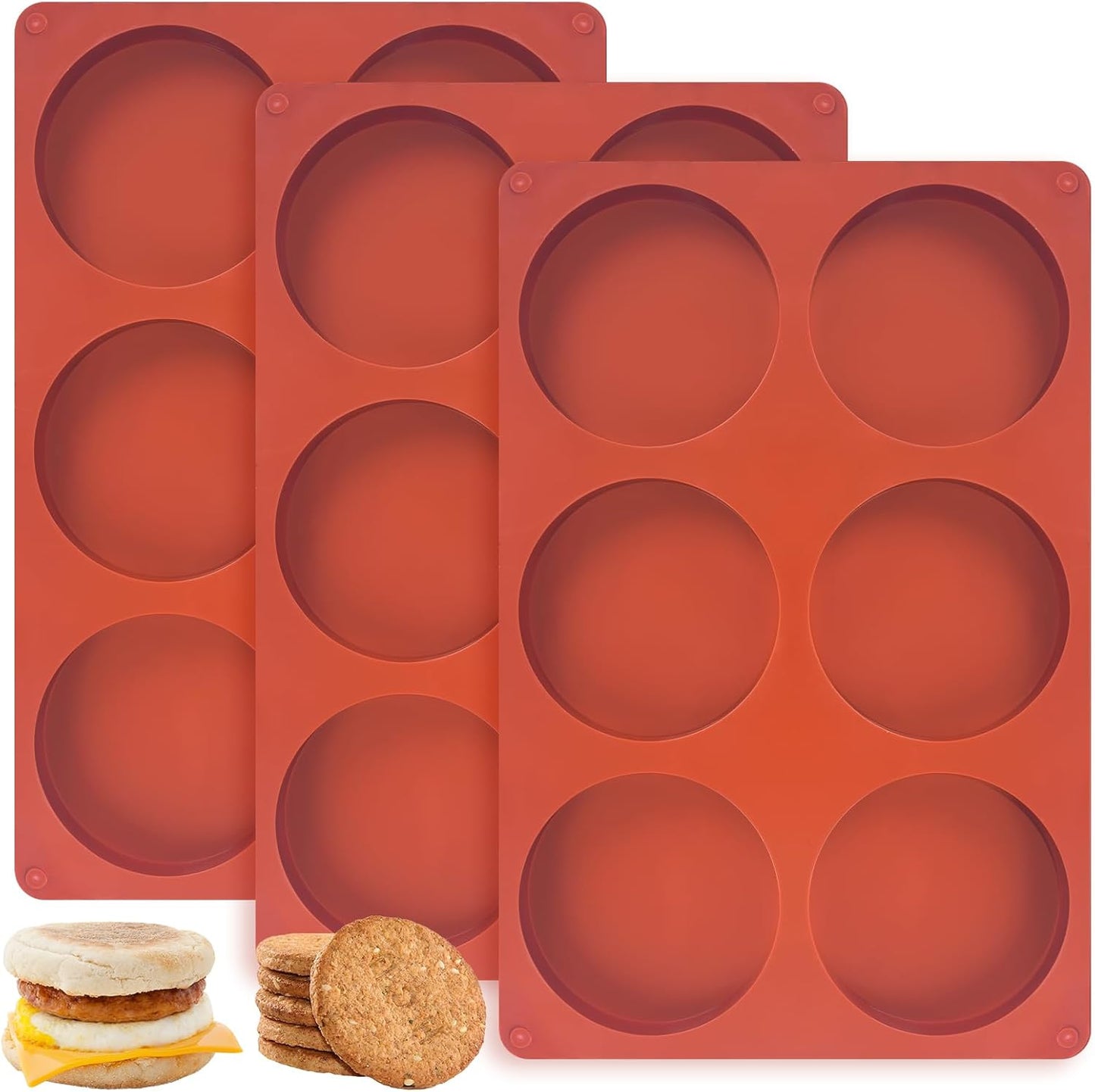 3 Pcs Silicone Egg Molds 4 Inch Jumbo Muffin Top Pans for Baking,Non-Stick 6 Holes Large Round Silicone Molds for Hamburger Egg Whoopie Pie Sandwich