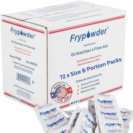 MirOil P36B Fry Powder Oil Stabilizer and Filter Aid, Deep Fryer Cooking Oil Saver Helps Save Grease & Remove Carbon Deposits, 72 x Size B Portion Pack(240ML Each) Fry Powder, Food Center Cooks Hotter