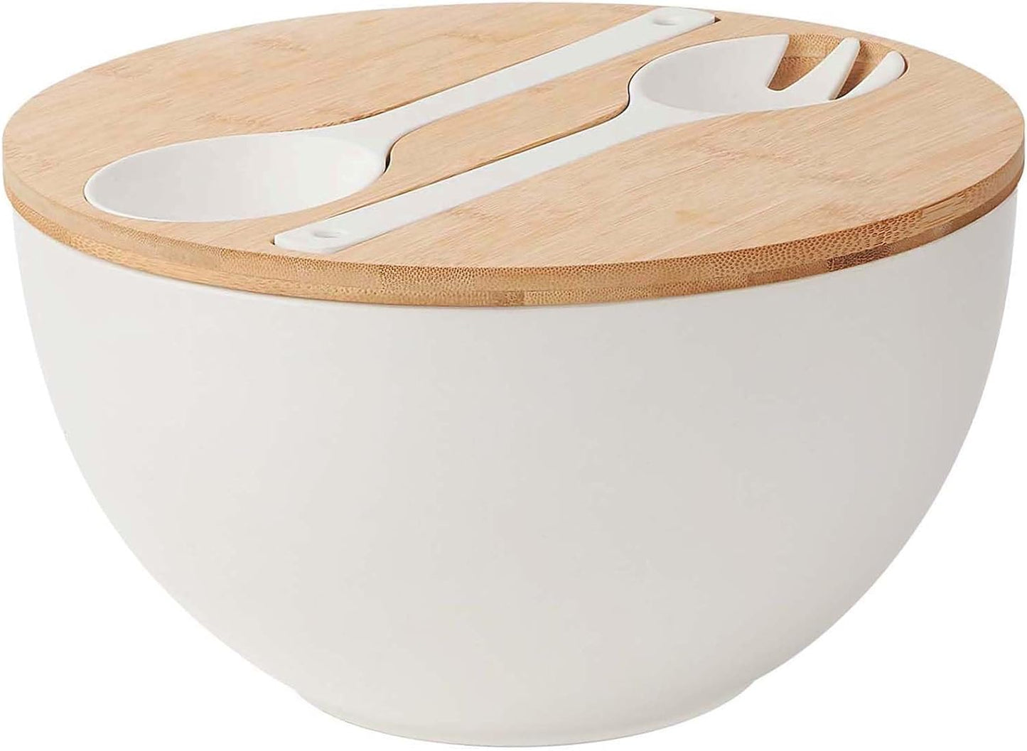 12.6" Extra Large Salad Serving Bowl Set with Wooden Lid&Utensils, 8.4Qt. Bamboo Fiber Salad Bowl with Servers for Kitchen, Lightweight Big Bowl White for Mixing Salad,Fruit,Pasta