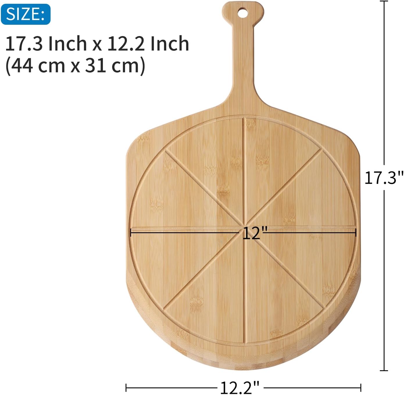 12” Bamboo Pizza Peel - Lightweight Smooth Wooden Pizza Paddle and Pizza Cutting Board with 8 Slice Grooves, Outdoor Pizza Oven Accessories, 17.3 Inch x 12.2 Inch