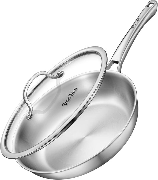 12 inch Tri-Ply Stainless Steel Frying Pan with LID,PFOA&PTFE Free Skillets,Chef's Pans,Dishwasher and Oven Safe Cookware, Works on Induction,Ceramic and Gas Cooktops