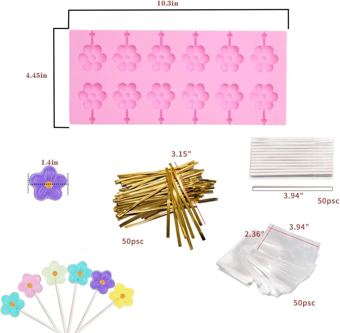 12 Capacity Silicone Lollipop Mold Set, Sucker Molds and Chocolate Hard Candy Mold with 50pcs Lollipop Sucker Sticks, Candy Treat Bags, Gold Ties. (Flower)