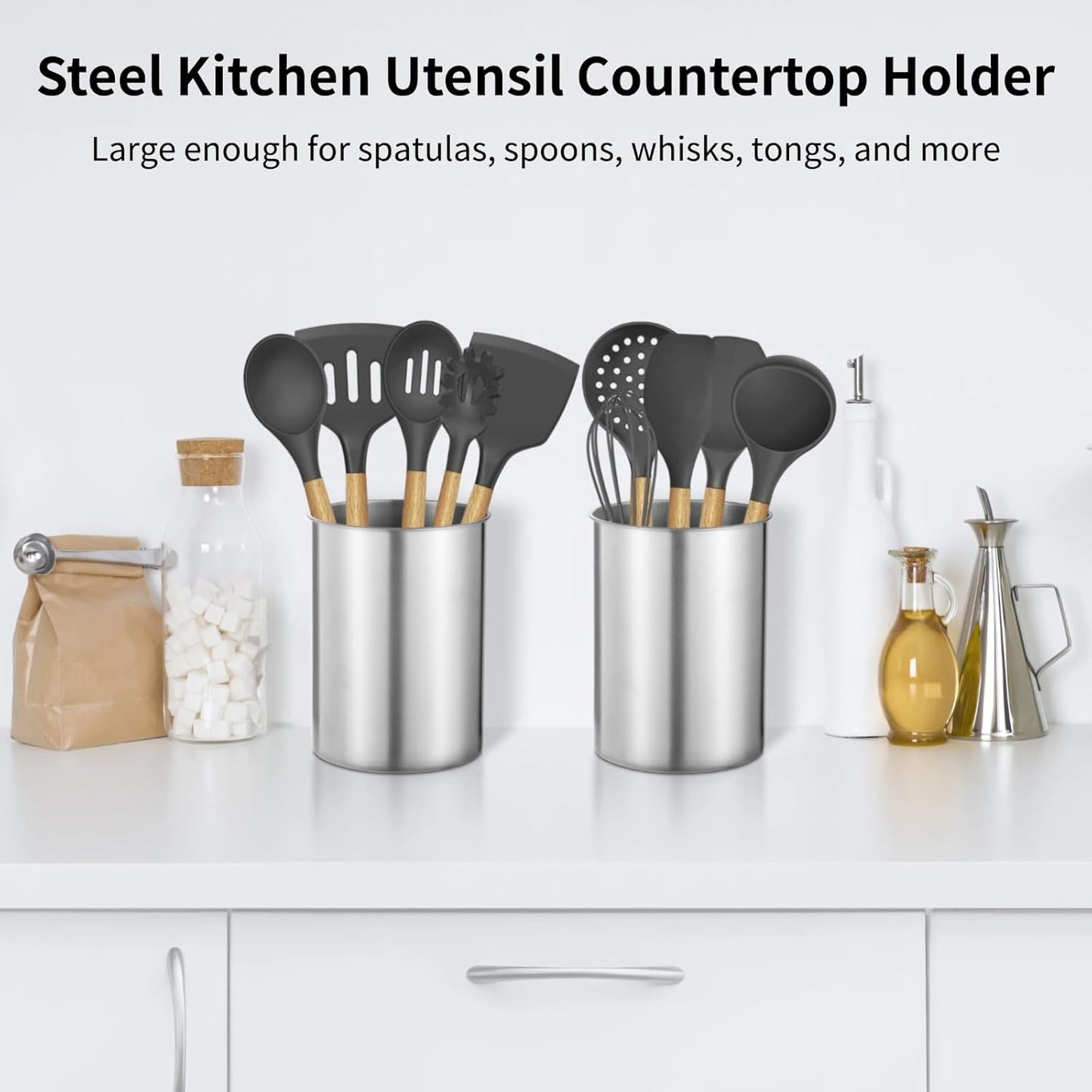 3 PCS Stainless Steel Kitchen Utensil Holders, 5.5 x 7.3 in Cylinder Kitchen Countertop Organizer, Dishwasher Safe Cooking Utensil Holder, Large Capacity for Cafe Restaurant Bakery