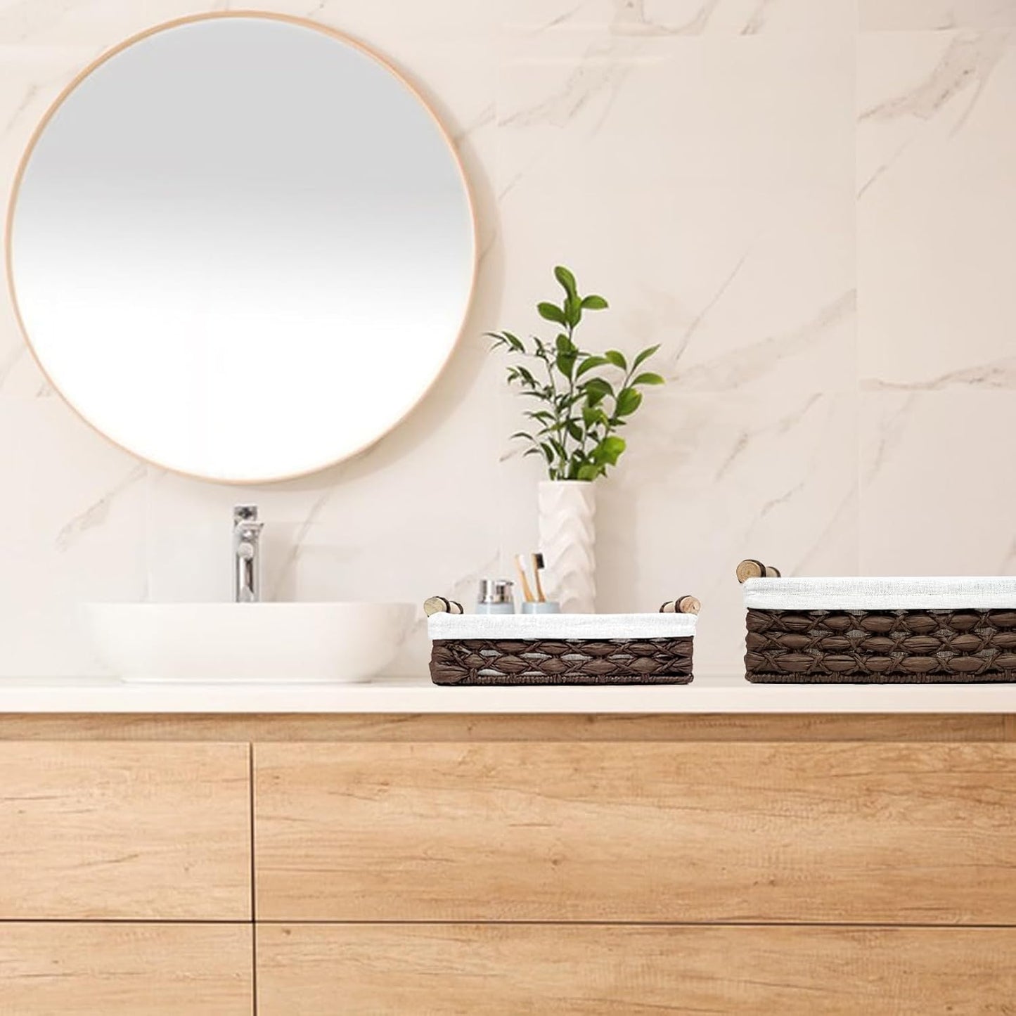 Storage Basket Wicker Baskets for Organizing with Handle Decorative Storage Bins for Countertop Toilet Paper Storage Basket for Toilet Tank Top Small Baskets Set (Set of 2)