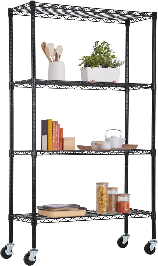 FDW Wire Shelving Storage Shelves 4-Shelf Adjustable NSF Wire Shelf Heavy Duty Storage Shelving Unit on 3” Wheel Casters Commercial Metal Rack 36L x 14W x 62H,Black