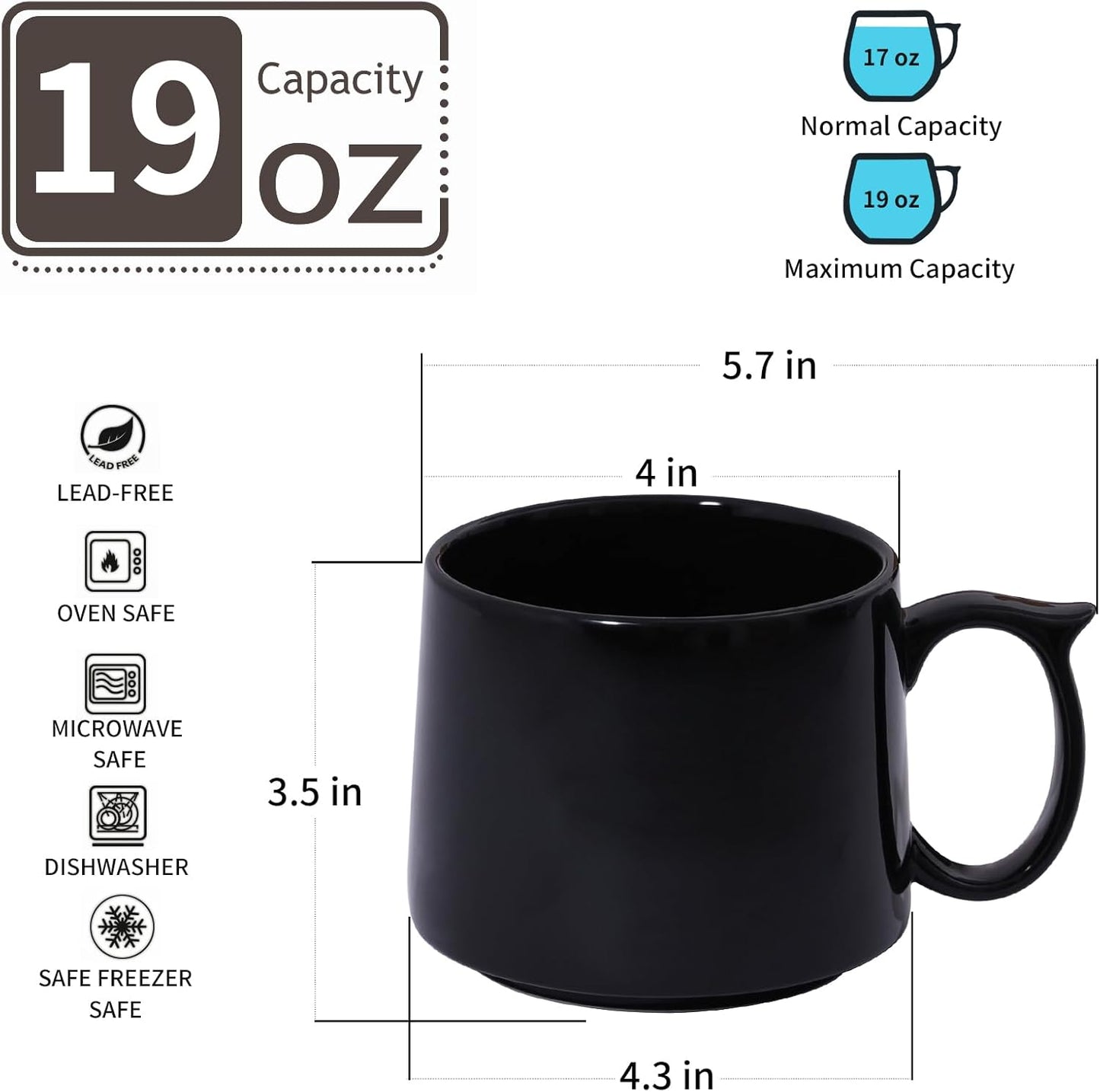 19 oz Large Coffee Mugs Set of 4, Stackable Ceramic Coffee Mugs with Large Handles for Coffee, Latte, Cappuccino, Milk, Dishwasher & Microwave Safe, Ideal for Men, Women, Dads and Moms (Black)