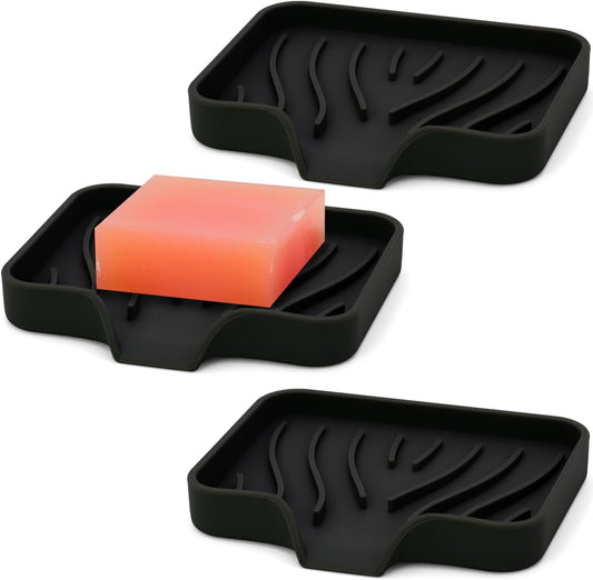 3-Pack Silicone Soap Dish, Bar Soap Holder, Soap Dishes for Bar Soap, Easy to Clean, Self Draining Soap Tray for Shower, Bathroom, Kitchen, Bathtub, Keep Soap Dry, Save Soap (Black)