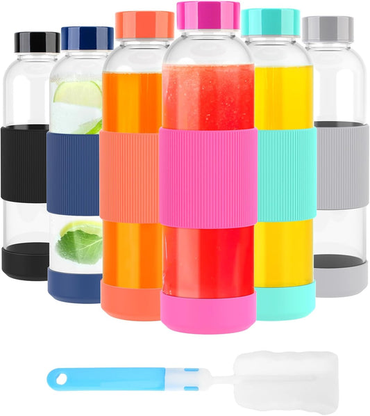 18 oz Glass Juice Bottles with Lids and Silicone Sleeve, Reusable Glass Water Bottles with Stainless Steel Cap for Juicing, Refrigerator,100% Leak Proof, BPA Free, Set of 6