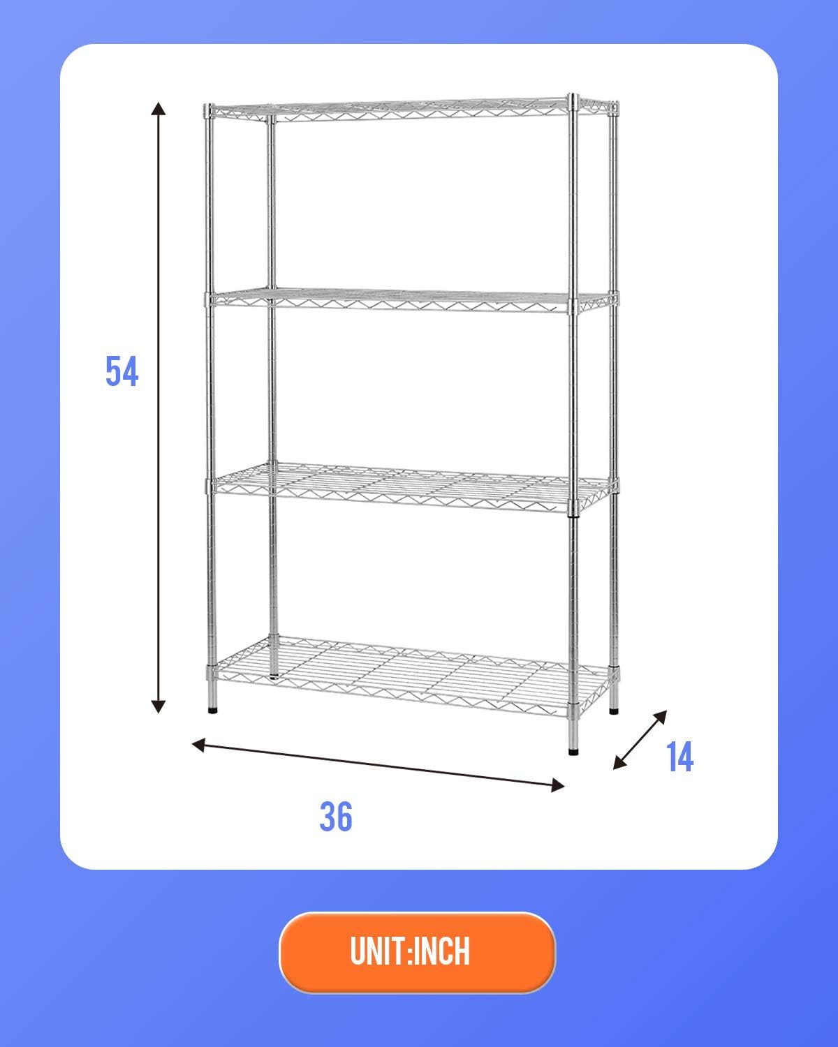 14" D×36" W×54" H Commercial Wire Shelving Unit Metal Shelf with 4 Tier Adjustable Layer Rack Strong Steel for Restaurant Garage Pantry Kitchen Garage，Chrome