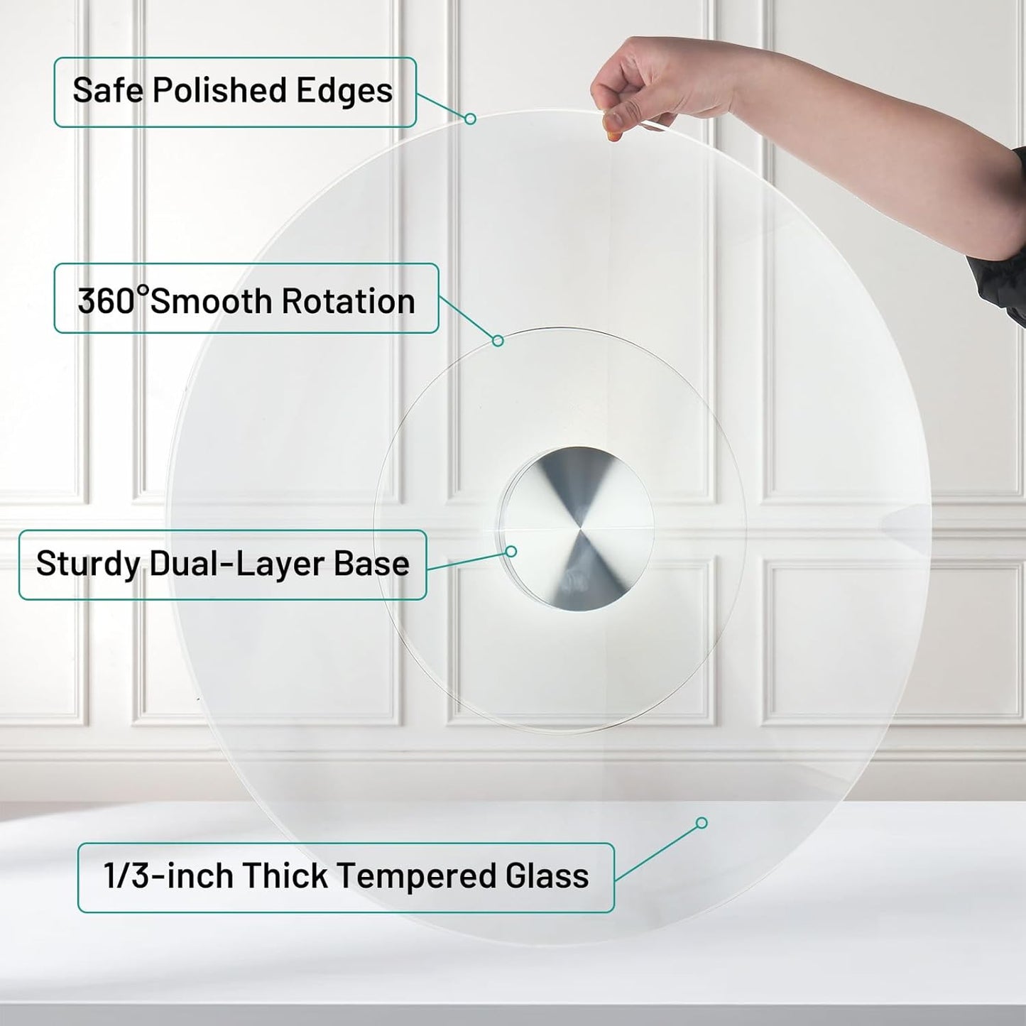 36-Inch Lazy Susan Turntable for Dining Table, Tempered Glass, 360° Rotation, Anti-Tip Design with 6 Rotating Wheels, Perfect for Parties, Weddings, and Family Dinners (36 inch)