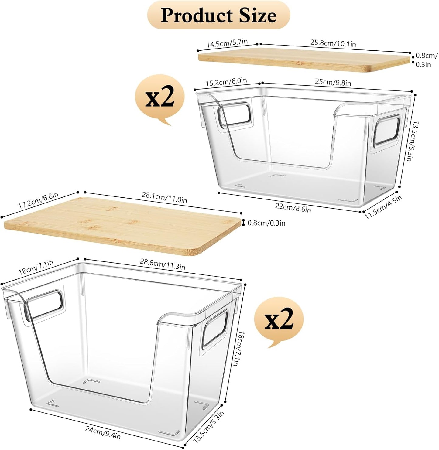 4 Set Stackable Storage with Removable Bamboo Cover, Plastic Container for Kitchen Organizers, Clear Front Open More Easy Access Bins Storage for Pantry, Potato, Onion, Garlic, Fruits, Vegetable