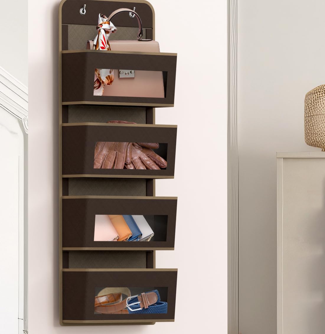 Simple Houseware 4 Clear Window Pocket Over Closet Door Storage Hanging Organizer for Bedroom, Bathroom, Pantry, Brown