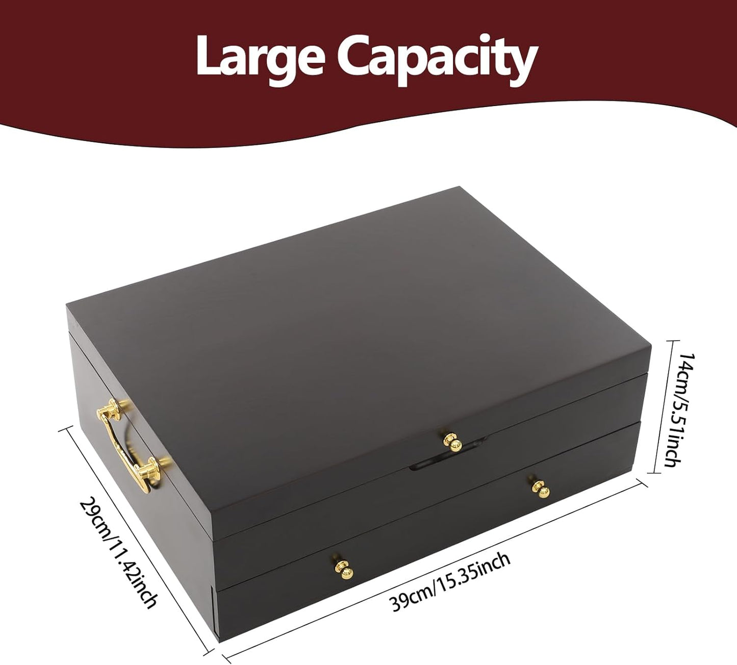 JOMCYDM Wooden Silverware Storage Box 2 Layers Silverware Chest Case with Drawer with Handle Lid Flatware Organizer for Kitchen Dining Room