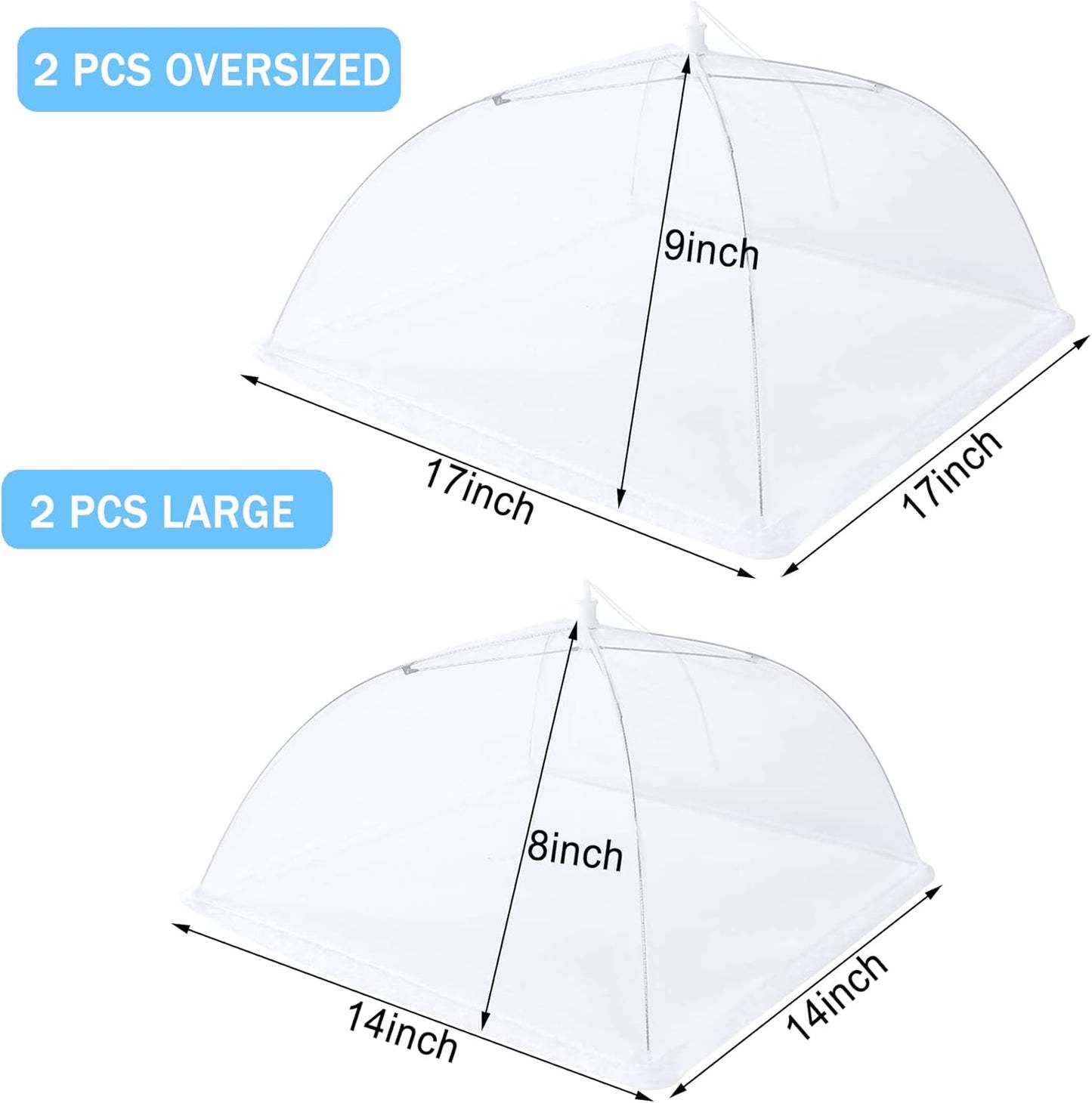JULBEAR 4 Pcs Mesh Food Cover Tent Large and Tall Umbrella Food Screen Covers for Outside Pop-up Mesh Reusable Food Nets for Parties Picnics Outdoor BBQs Collapsible (2 Pcs 17"x17", 2 Pcs 14"x14")