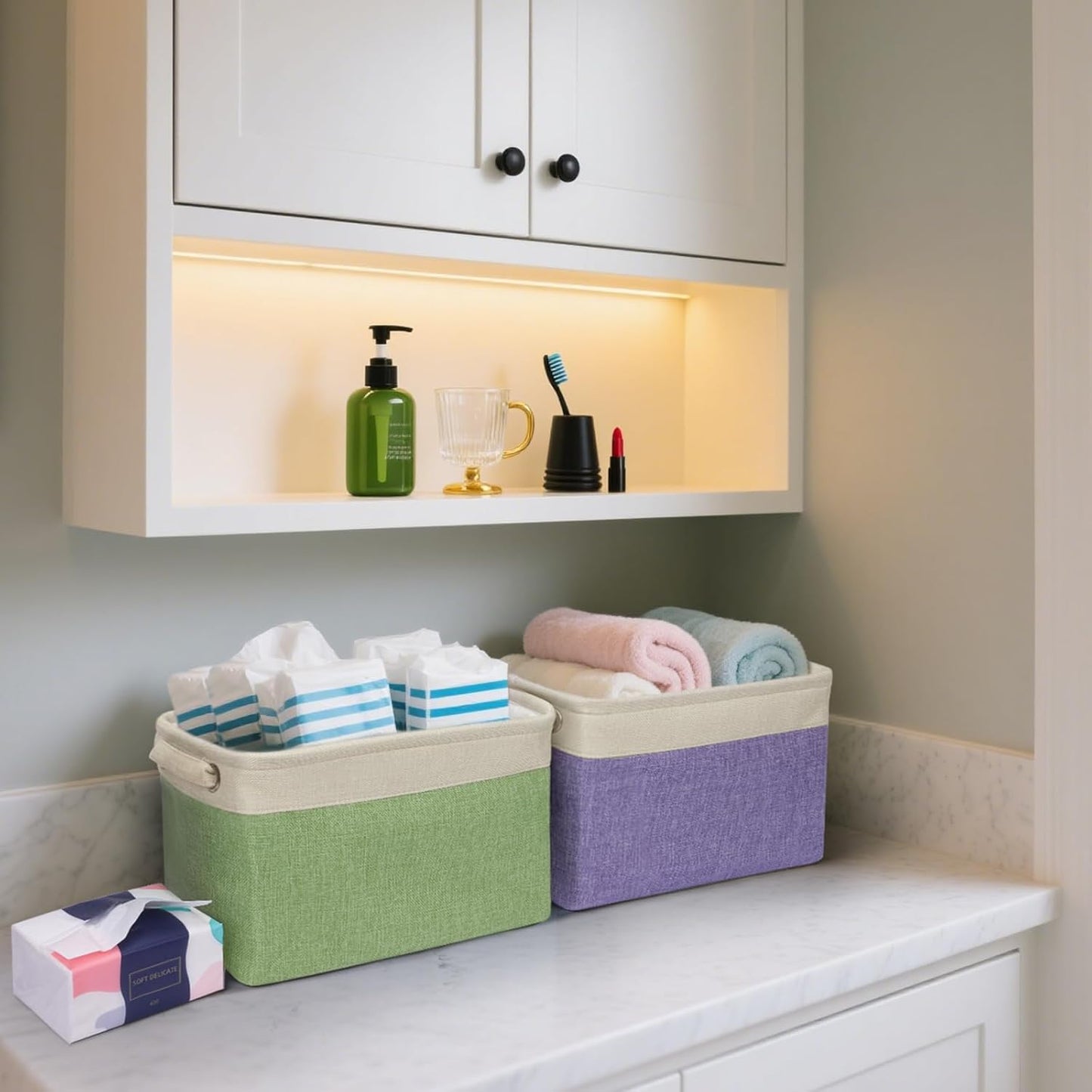 BALEINE 3 Pack Fabric Storage Bins for Shelves, Linen Storage Baskets for Organizing, Decorative Closet Bins for Clothes, Home (Grey, 12"x8"x8")