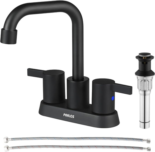 PARLOS 2-Handle Matte Black Bathroom Faucet for Lavatory with Pop-up Sink Drain and Faucet Supply Lines, 1431604
