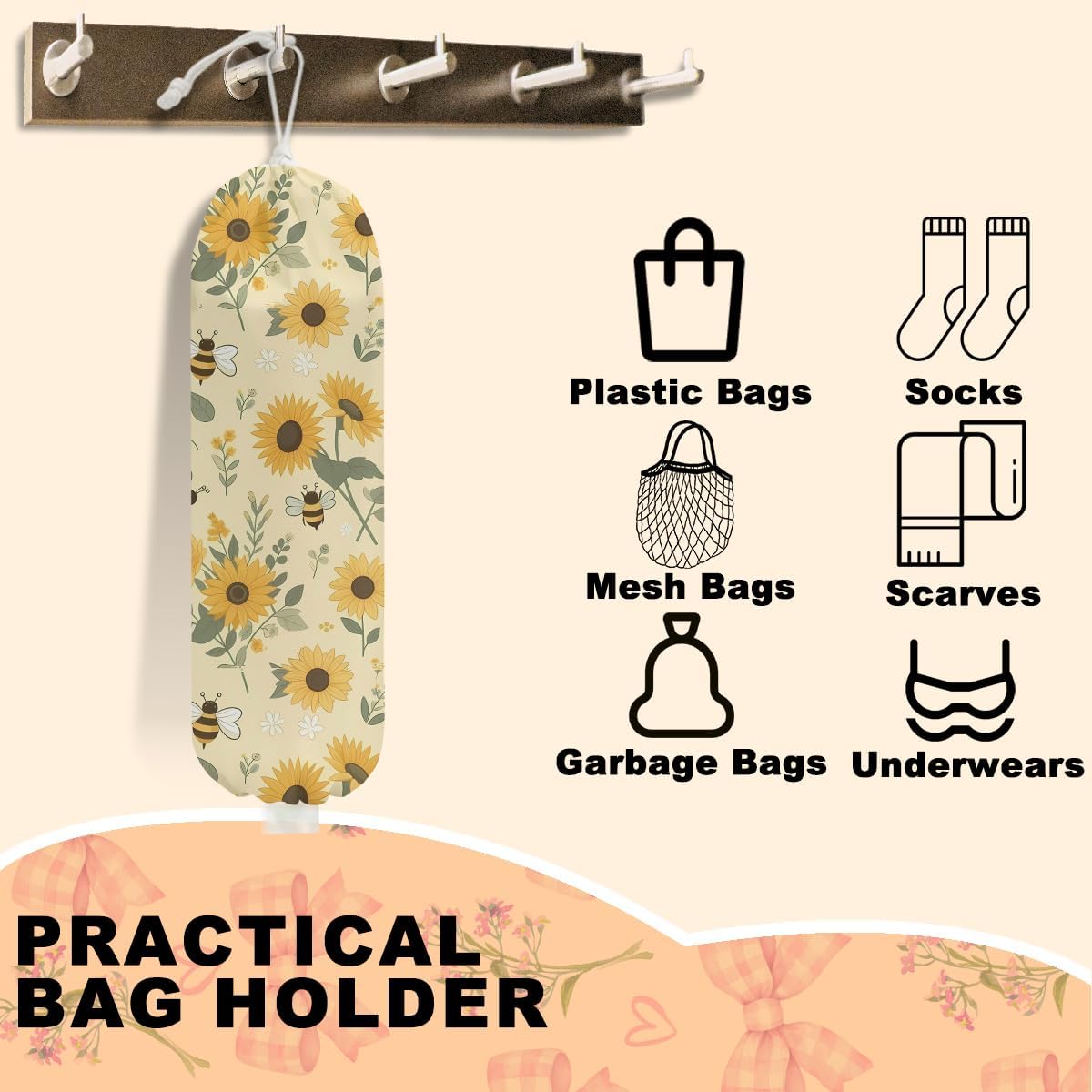 2Pcs Cute Bee Plastic Bag Holder, Wall Mount Grocery Bag Holder for Plastic Bags, Vintage Rustic Sunflower Reusable Grocery Bags Storage Dispenser for Home Kitchen Pantry, Sunflower Gifts for Women