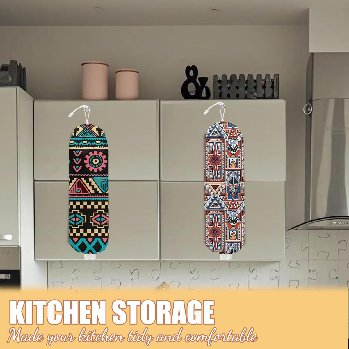 2 Pcs Retro Boho Plastic Bag Holder, Wall Mount Grocery Bag Holder for Plastic Storage bag, Abstract Art Farmhouse Kitchen Decor Reusable Grocery Bags Organizer Storage Dispenser, Gifts for Women