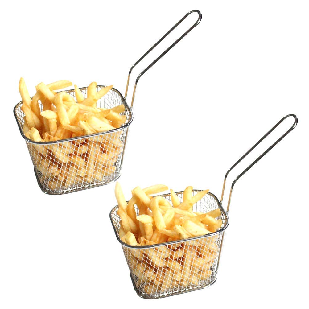 2 Pcs Mini Square Fry Baskets, 4.13×3.3×2.5inch Stainless Steel Fry Basket with Handle Steel French Fry Chip Basket French Fries Desk Food Presentation Mesh Basket Kitchen Cooking Tool