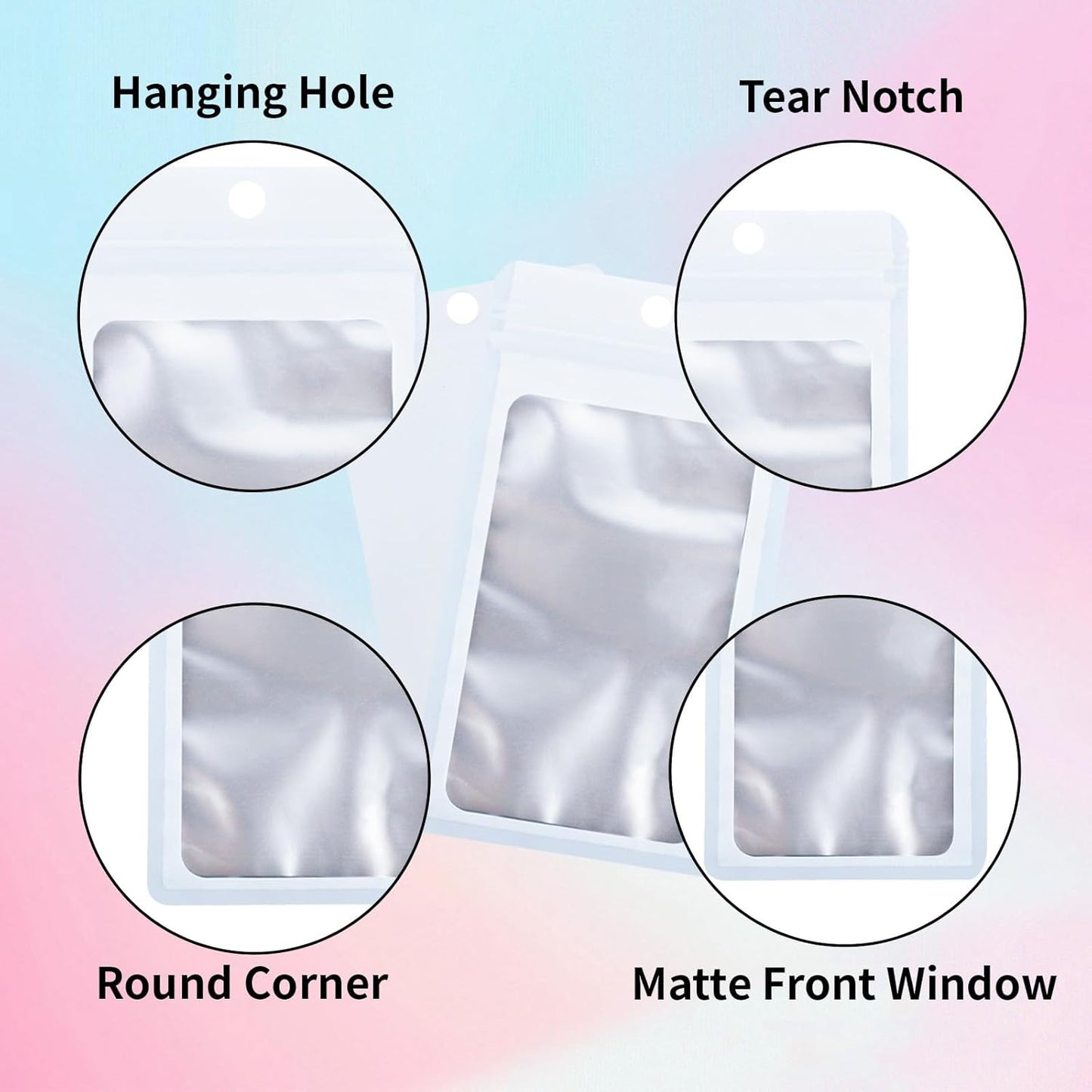 200 Pack Resealable Mylar Holographic Bags Food Storage Smell Proof Bags with Front Window Foil Packaging Pouch for Candy Sample Jewelry Small Business 3.54×6.29 Inch, White