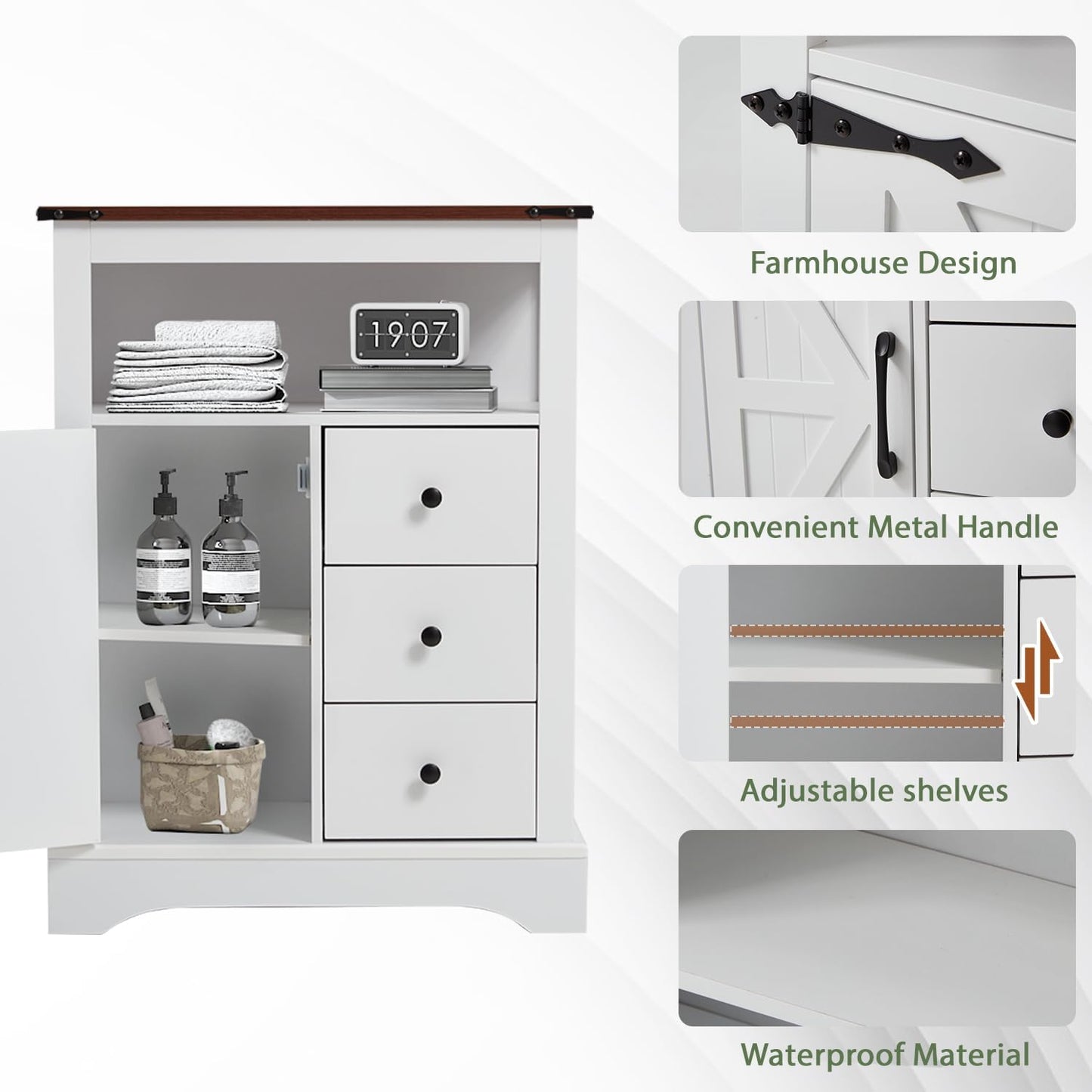 JOMEED Bathroom Floor Cabinet, Farmhouse Storage Cabinet with 3 Drawers & Adjustable Shelves, Free-Standing Cupboard for Kitchen, Living Room, Bathroom, White